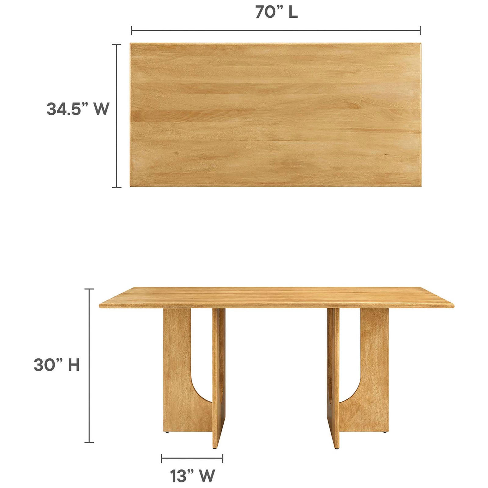 Size diagram of the oak dining table with clearly labeled dimensions || EEI-6593-OAK || dimension_studio