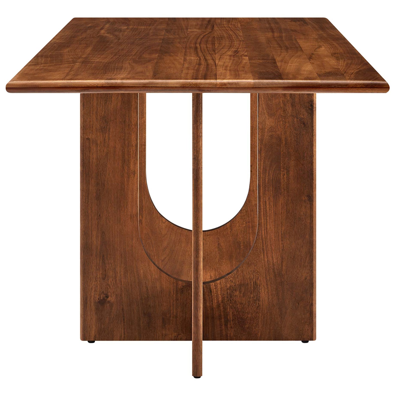 Slim walnut mango wood dining table showcasing sculpted U-shaped pedestal base and thick rounded tabletop edge || EEI-6593-WAL || side_studio