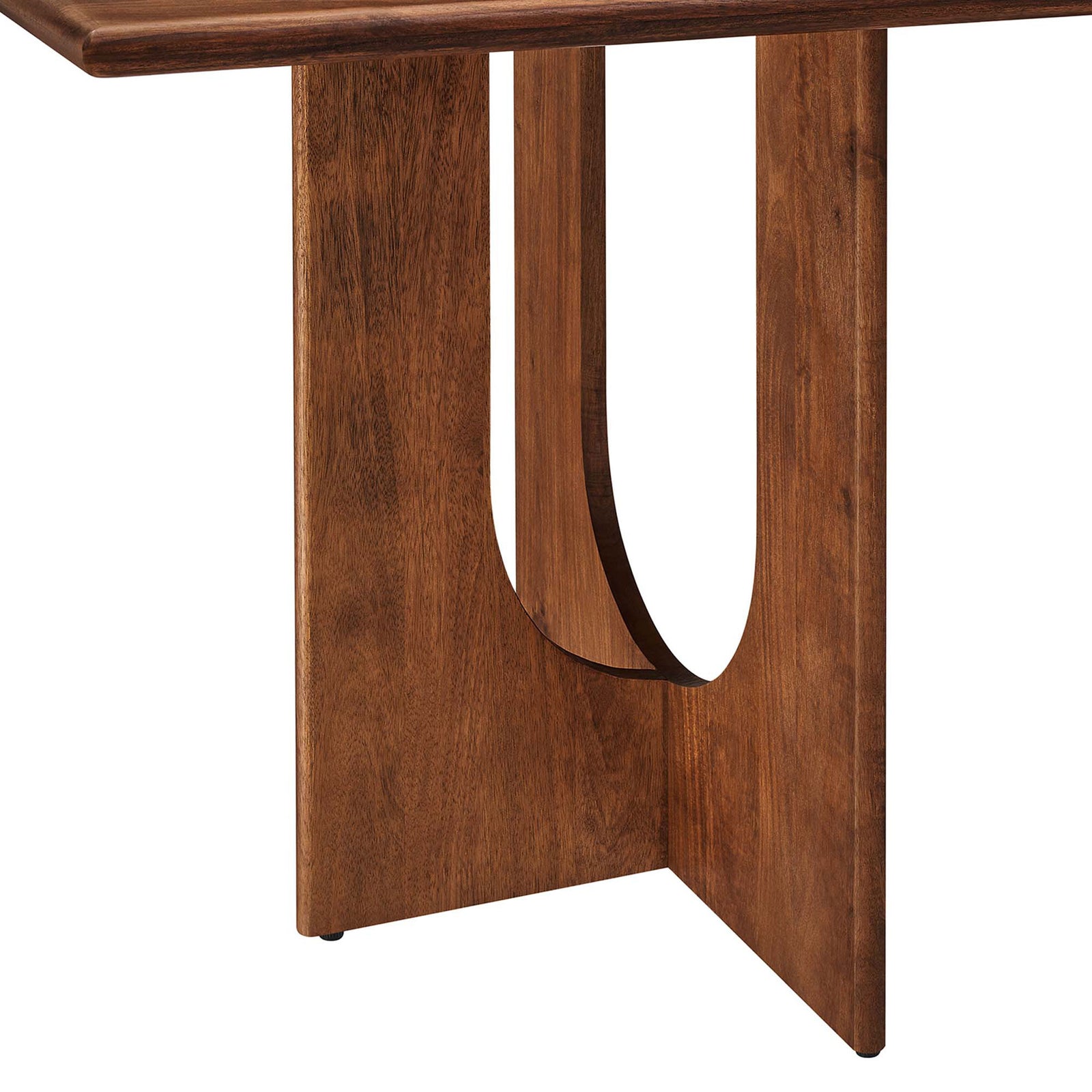 Arched pedestal base detail showcasing thick mango wood construction and the table's smooth walnut finish || EEI-6593-WAL || leg_studio