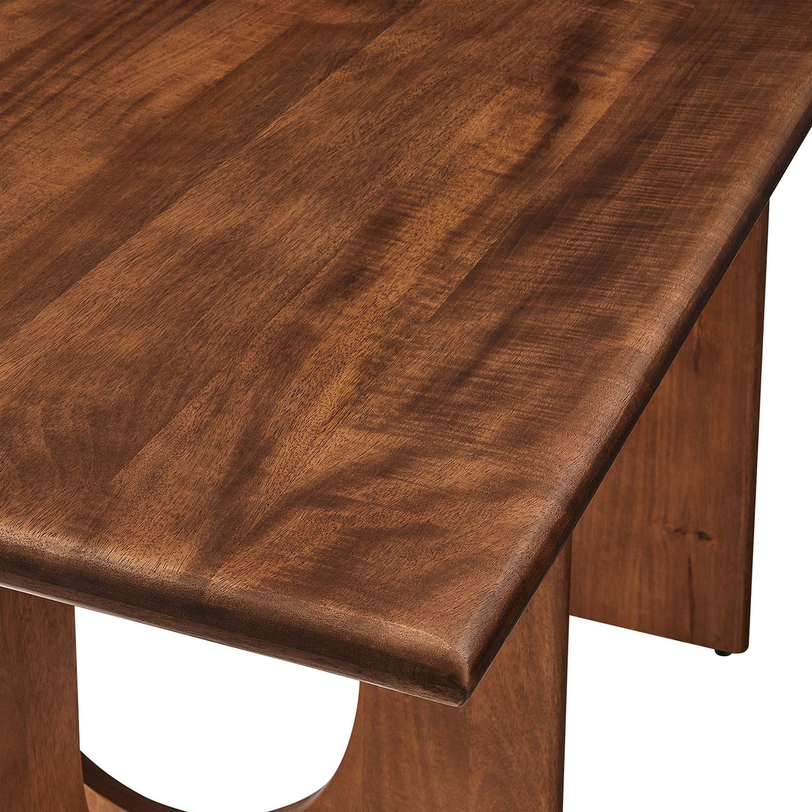 Tabletop corner detail revealing rich wood grain, softly rounded edges, and the warm walnut tone of the mango wood || EEI-6593-WAL || detail_studio