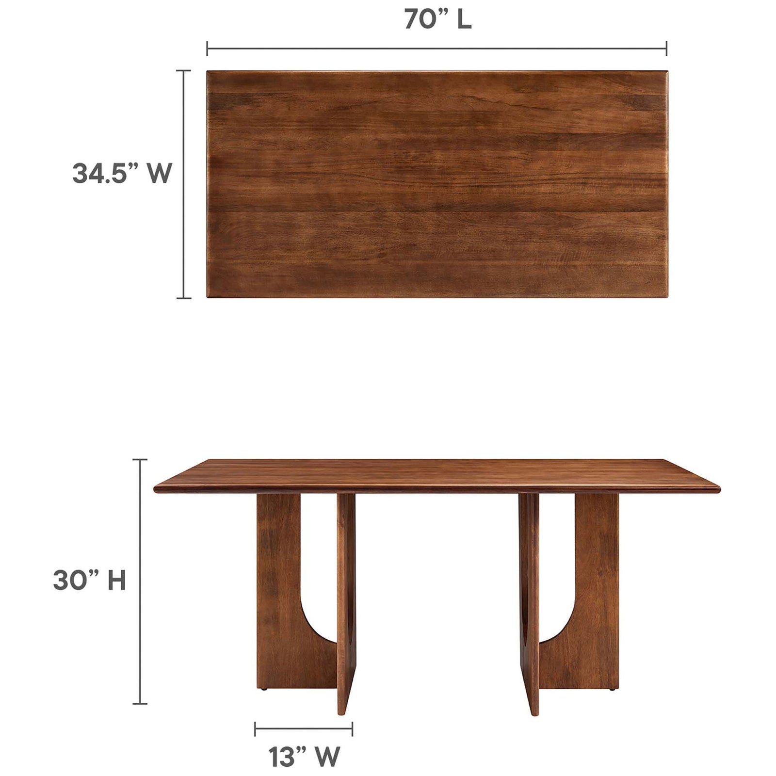 Spacious 70 inch rectangular dining table sized 34.5 inches wide and 30 inches high for comfortable gatherings || EEI-6593-WAL || dimension_studio