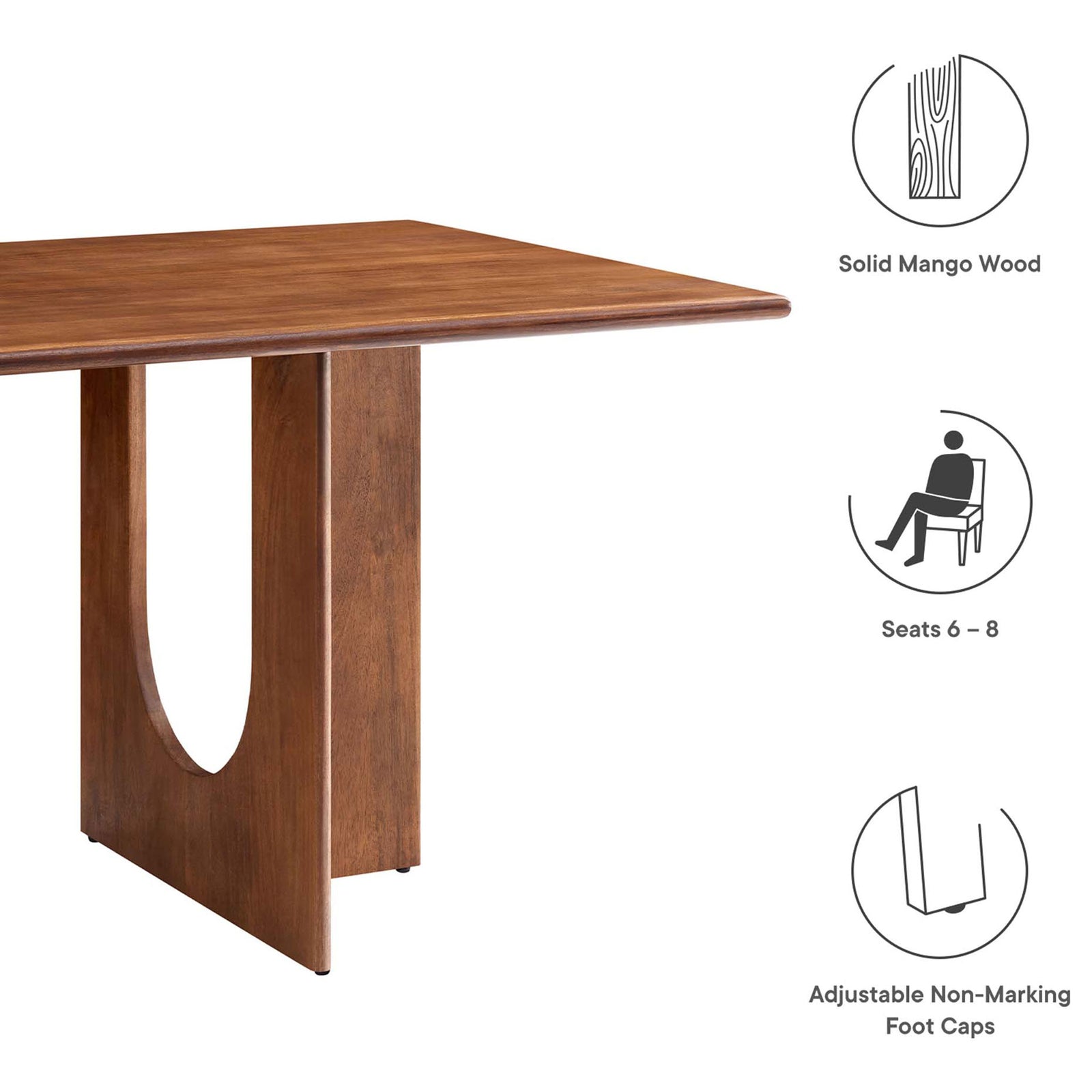 Feature view highlighting solid mango wood construction, seating for six to eight, and adjustable non-marking feet || EEI-6593-WAL || callout_studio
