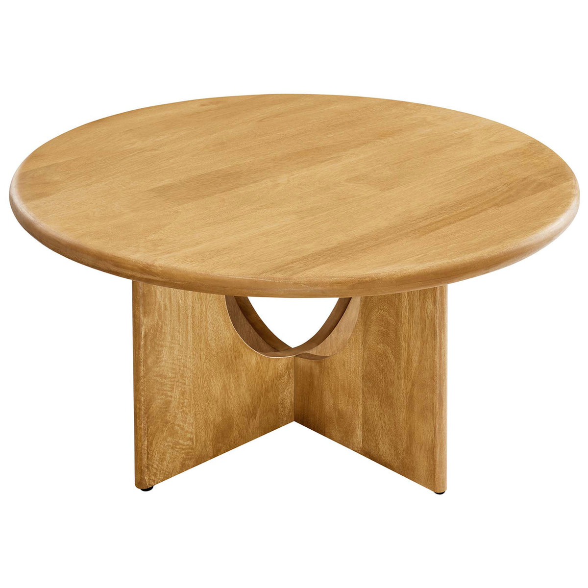 34 in. round oak coffee table with a smooth beveled edge and airy intersecting pedestal base. || EEI-6594-OAK || front_angle_studio