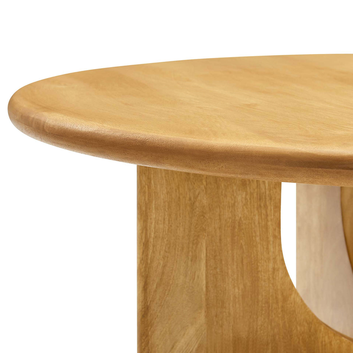 Rounded tabletop edge highlights the warm oak finish and fine mango wood texture. || EEI-6594-OAK || detail_studio