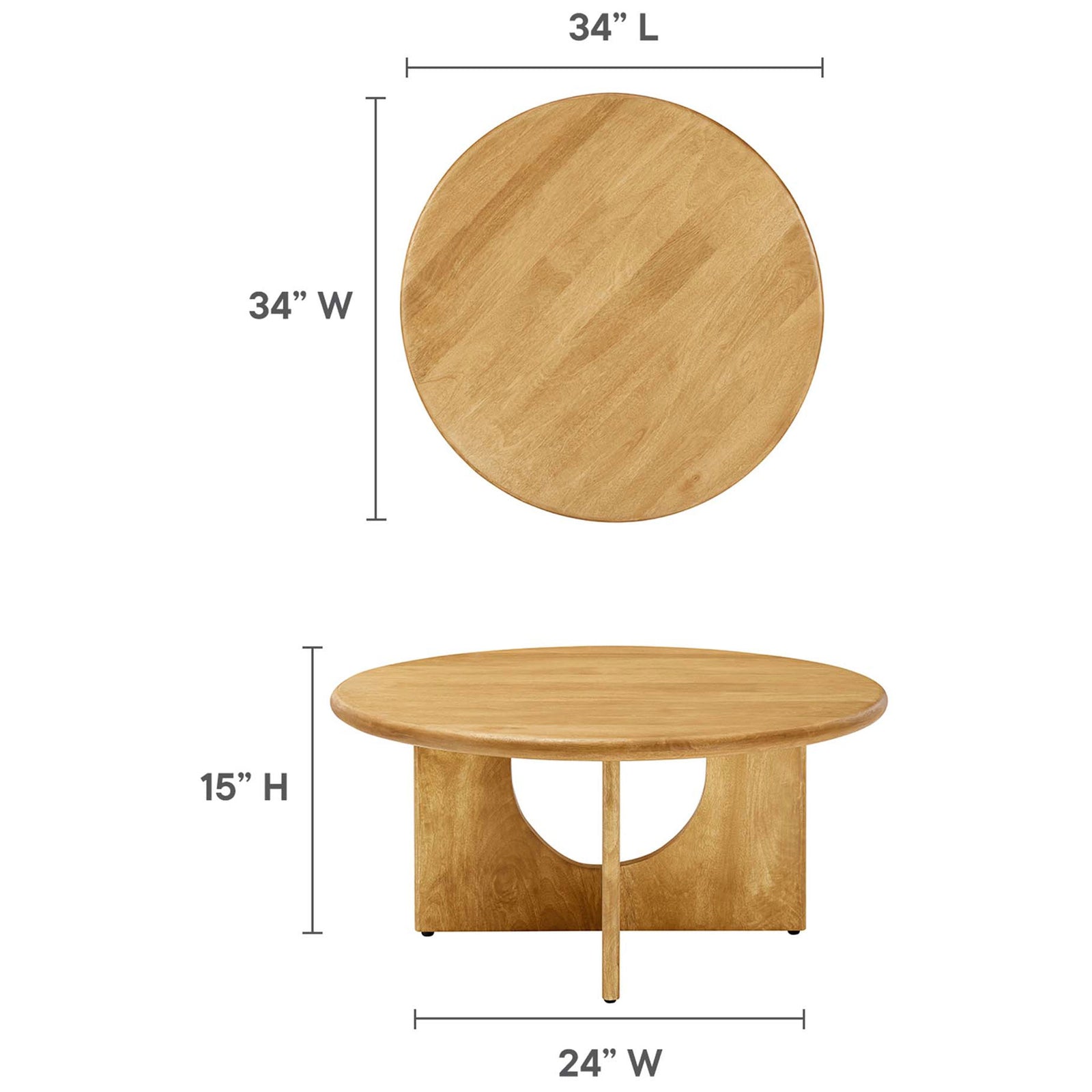 34 in. round coffee table measures 34 in. wide by 15 in. high with a 24 in. wide pedestal base. || EEI-6594-OAK || dimension_studio