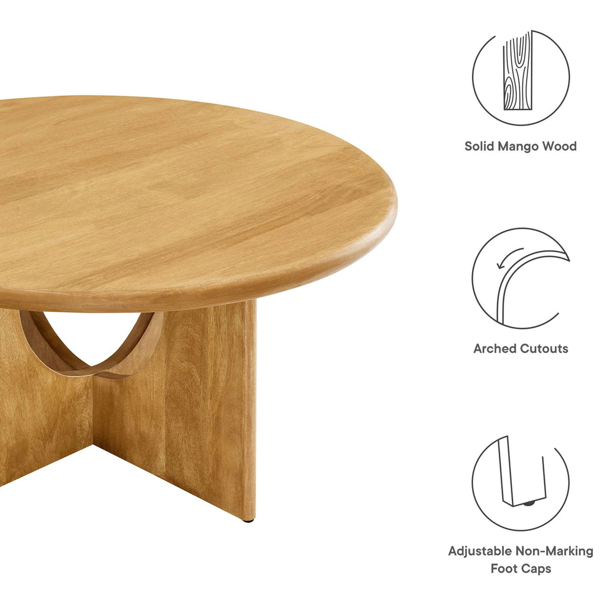 Key features: solid mango wood, arched cutout base, and adjustable non-marking foot caps. || EEI-6594-OAK || callout_studio