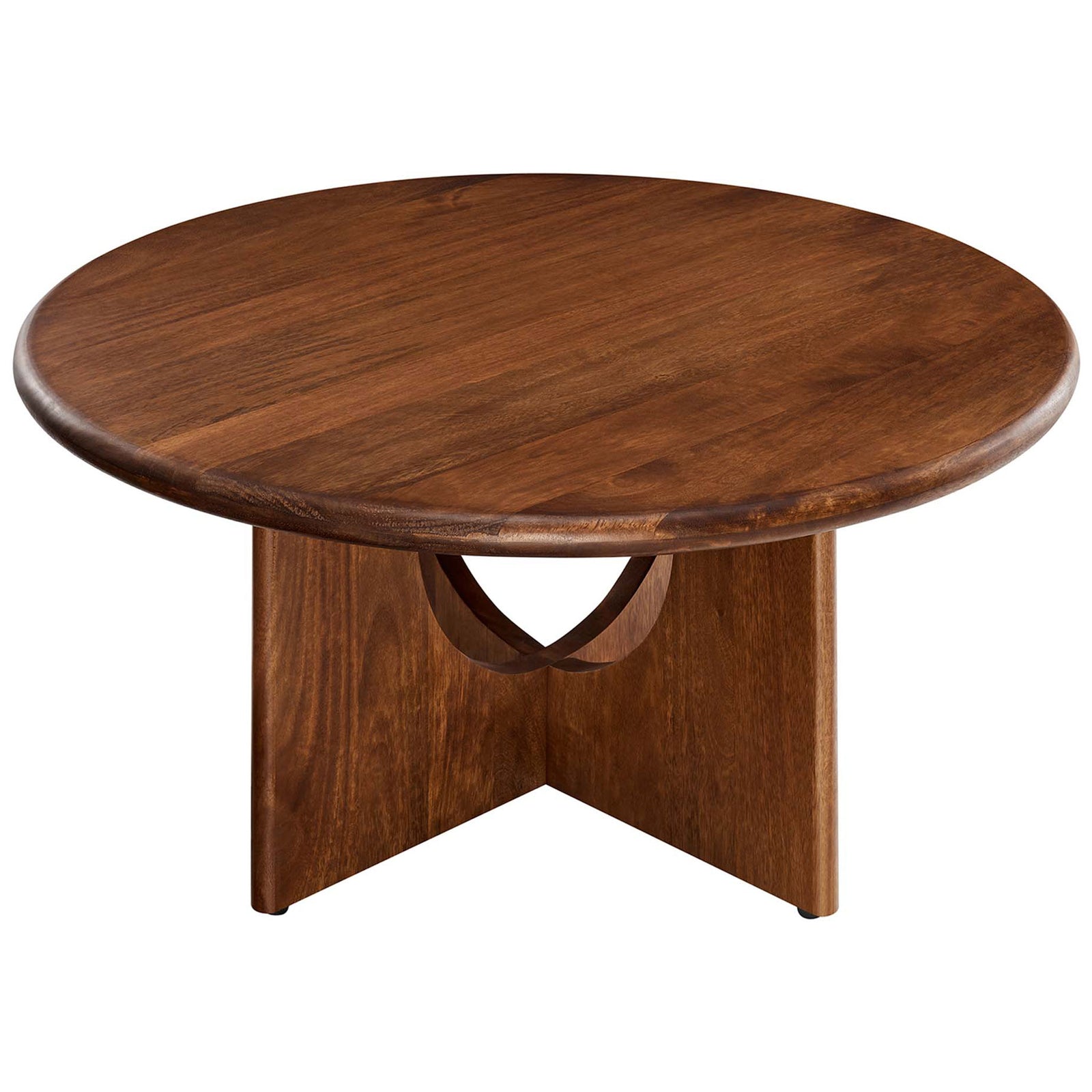 Round 34-inch mango wood coffee table showcasing a smooth beveled edge and bold pedestal silhouette || EEI-6594-WAL || front_angle_studio