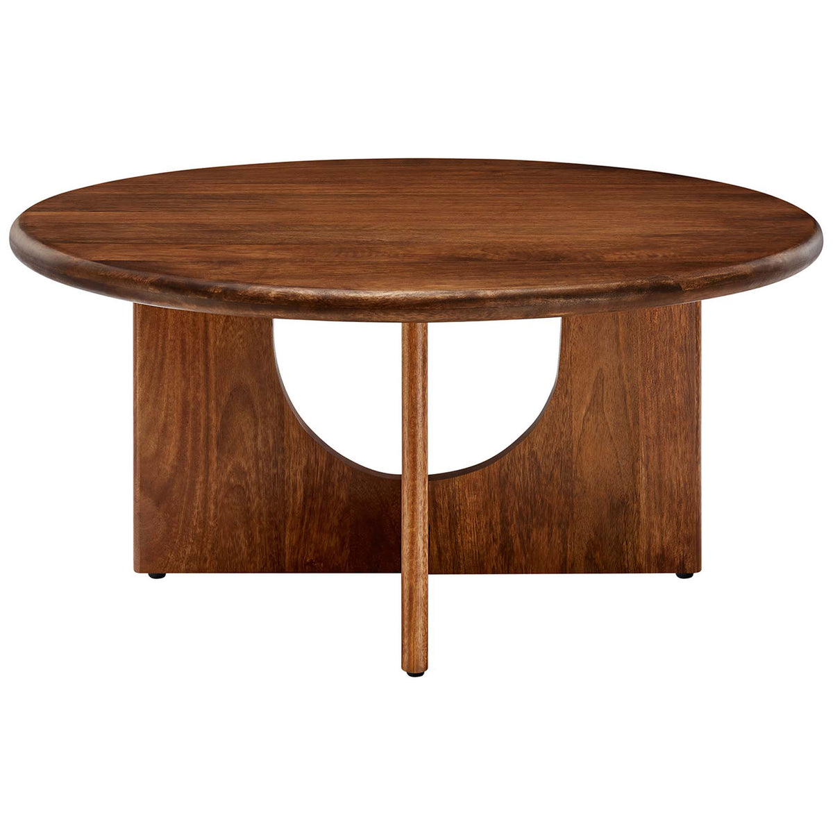 Sculptural walnut coffee table in solid mango wood with intersecting arched pedestal base || EEI-6594-WAL || front_studio