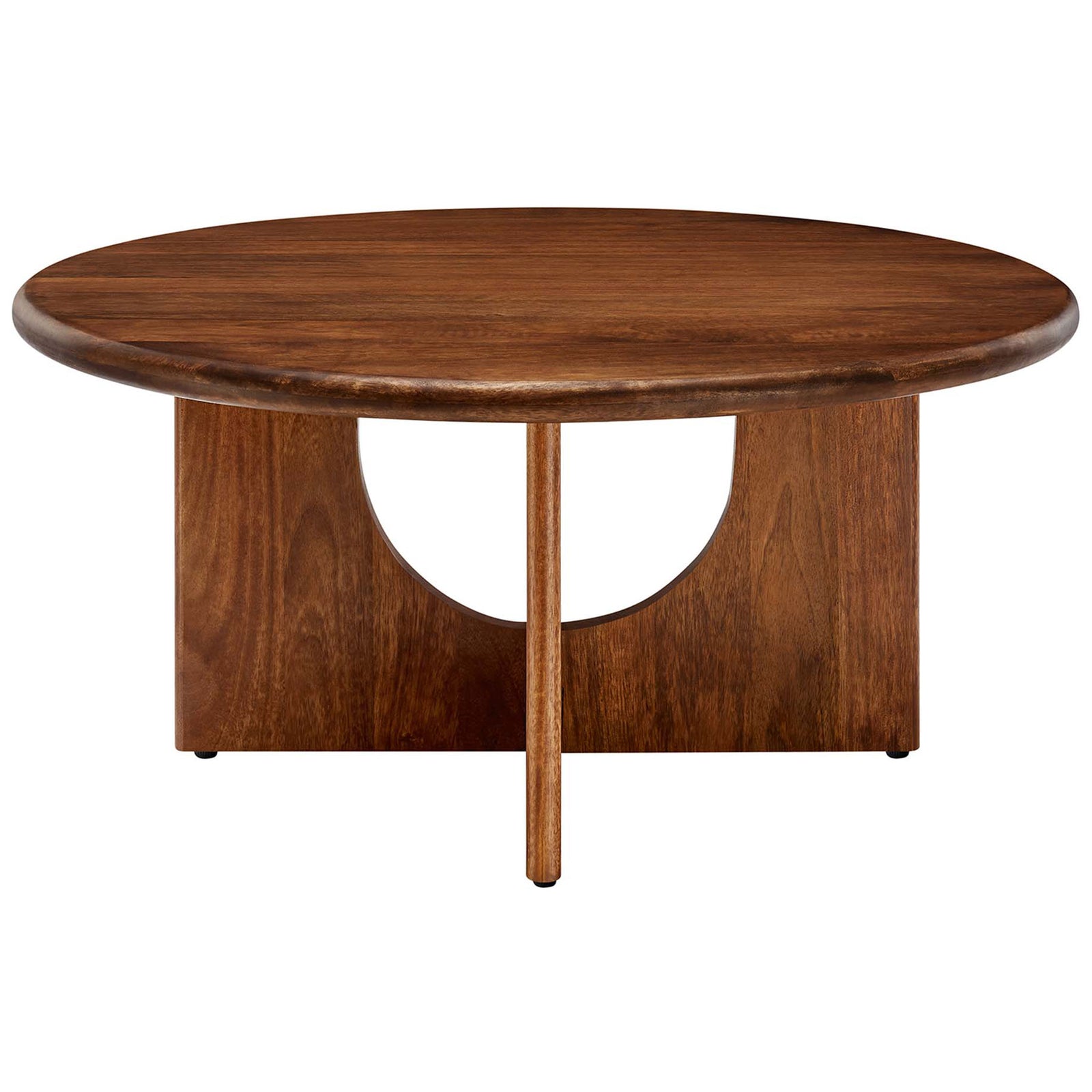 Sculptural walnut coffee table in solid mango wood with intersecting arched pedestal base || EEI-6594-WAL || front_studio