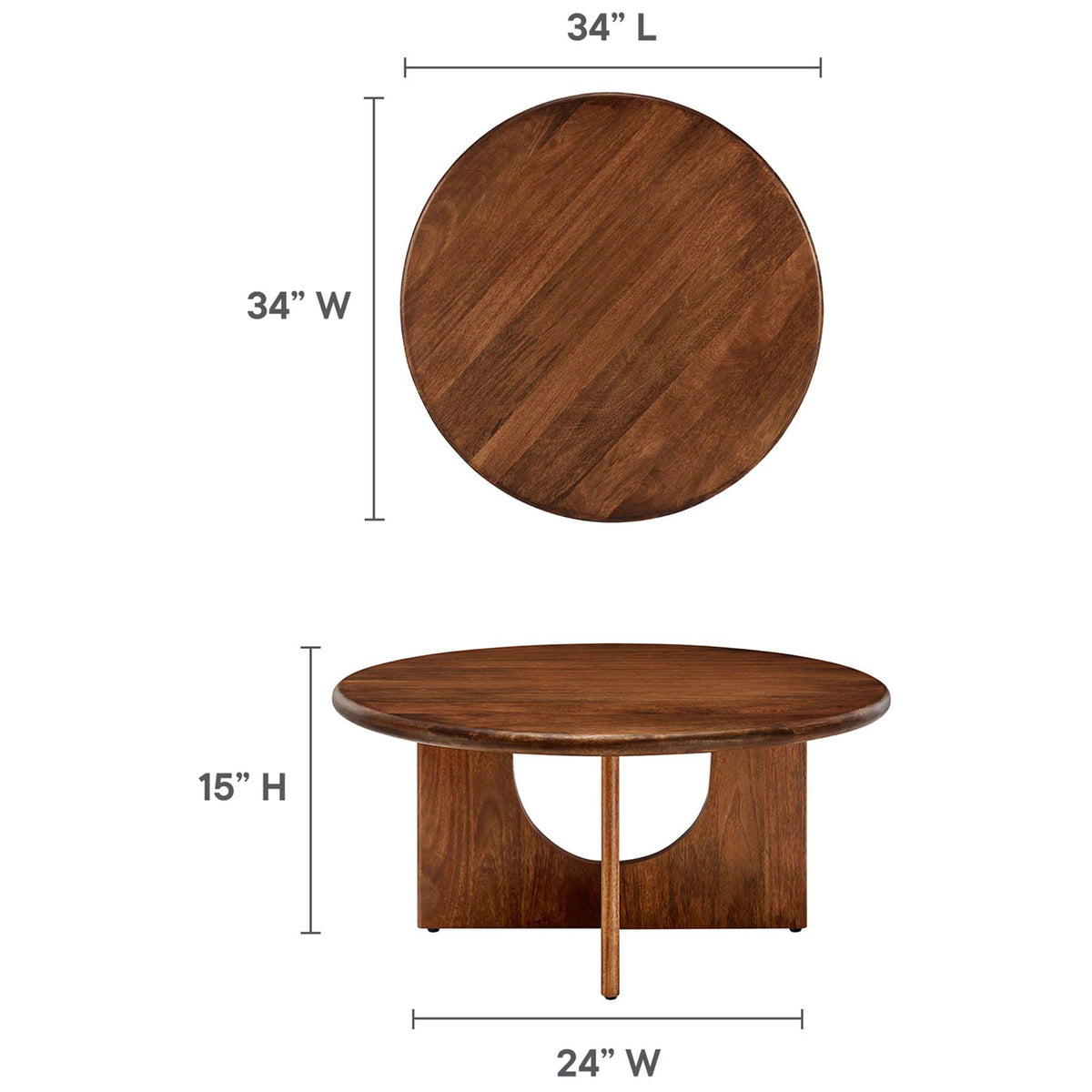 34-inch round coffee table standing 15 inches high with a balanced, low-profile silhouette || EEI-6594-WAL || dimension_studio