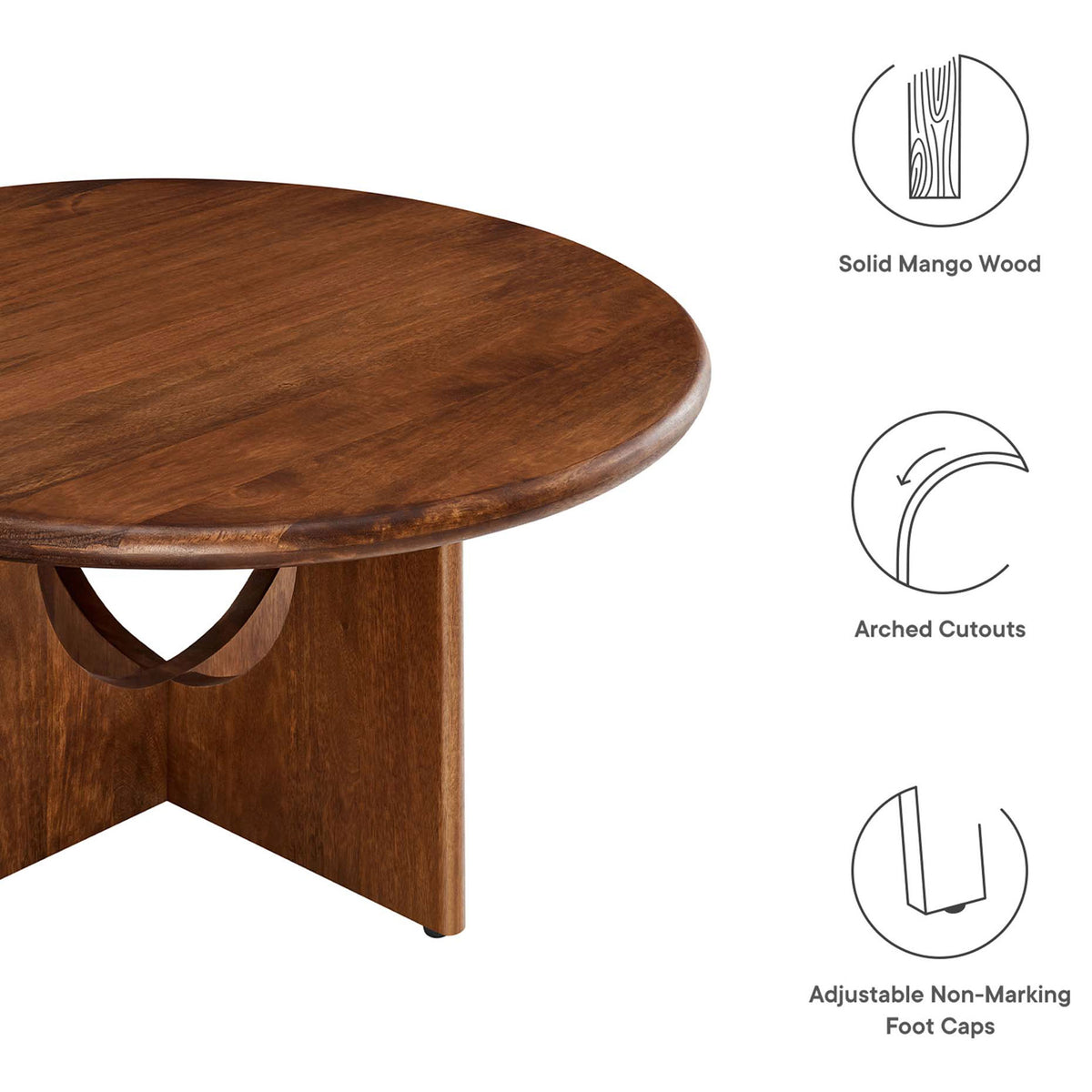 Solid mango wood coffee table with arched cutouts and protective adjustable foot caps || EEI-6594-WAL || callout_studio