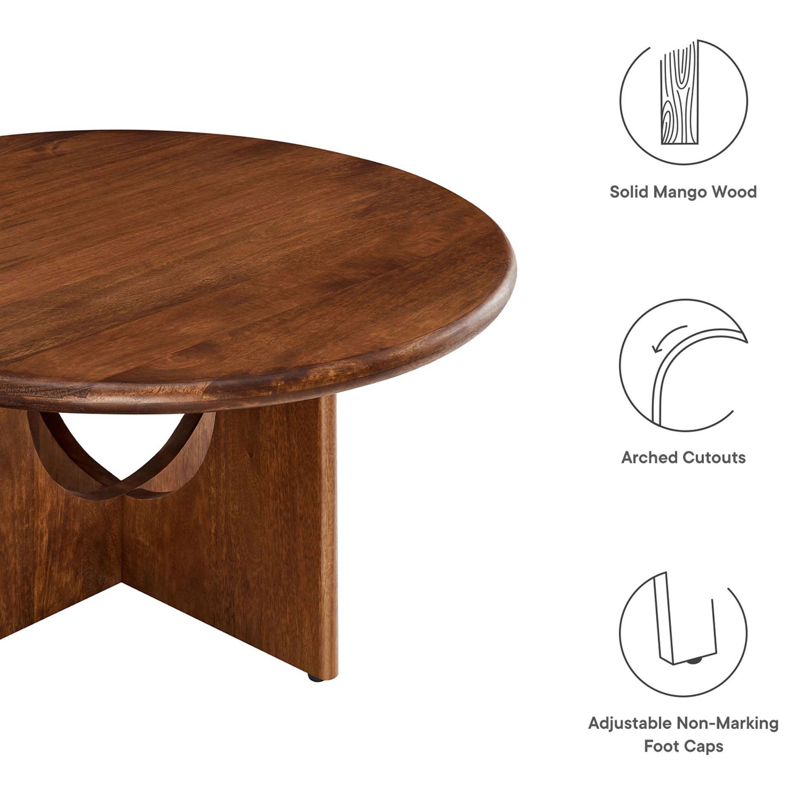 Solid mango wood coffee table with arched cutouts and protective adjustable foot caps || EEI-6594-WAL || callout_studio