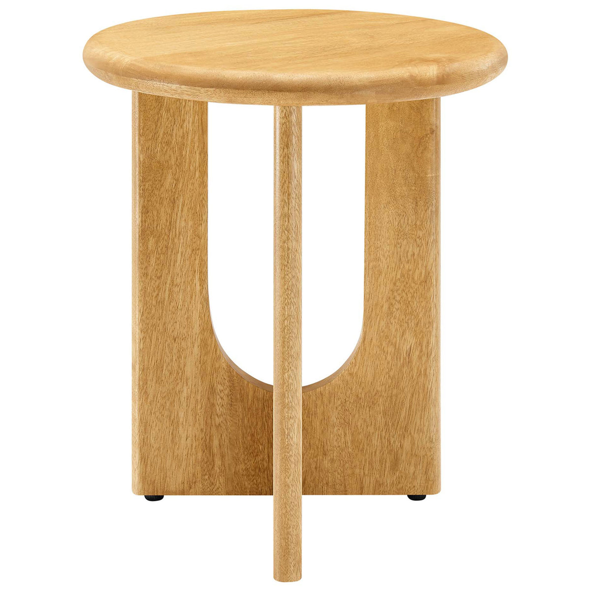 Round oak side table with sculpted mango wood pedestal base and arched cutout design. || EEI-6595-OAK || front_studio