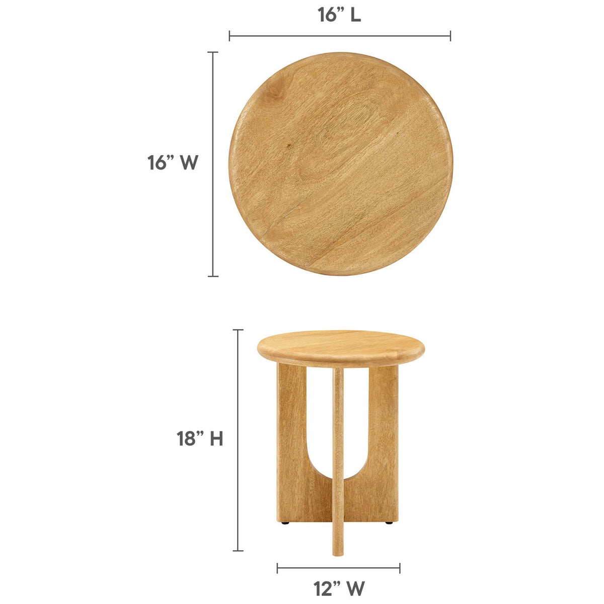 Dimension diagram of round oak side table showing 16 inch top width and 18 inch overall height. || EEI-6595-OAK || dimension_studio