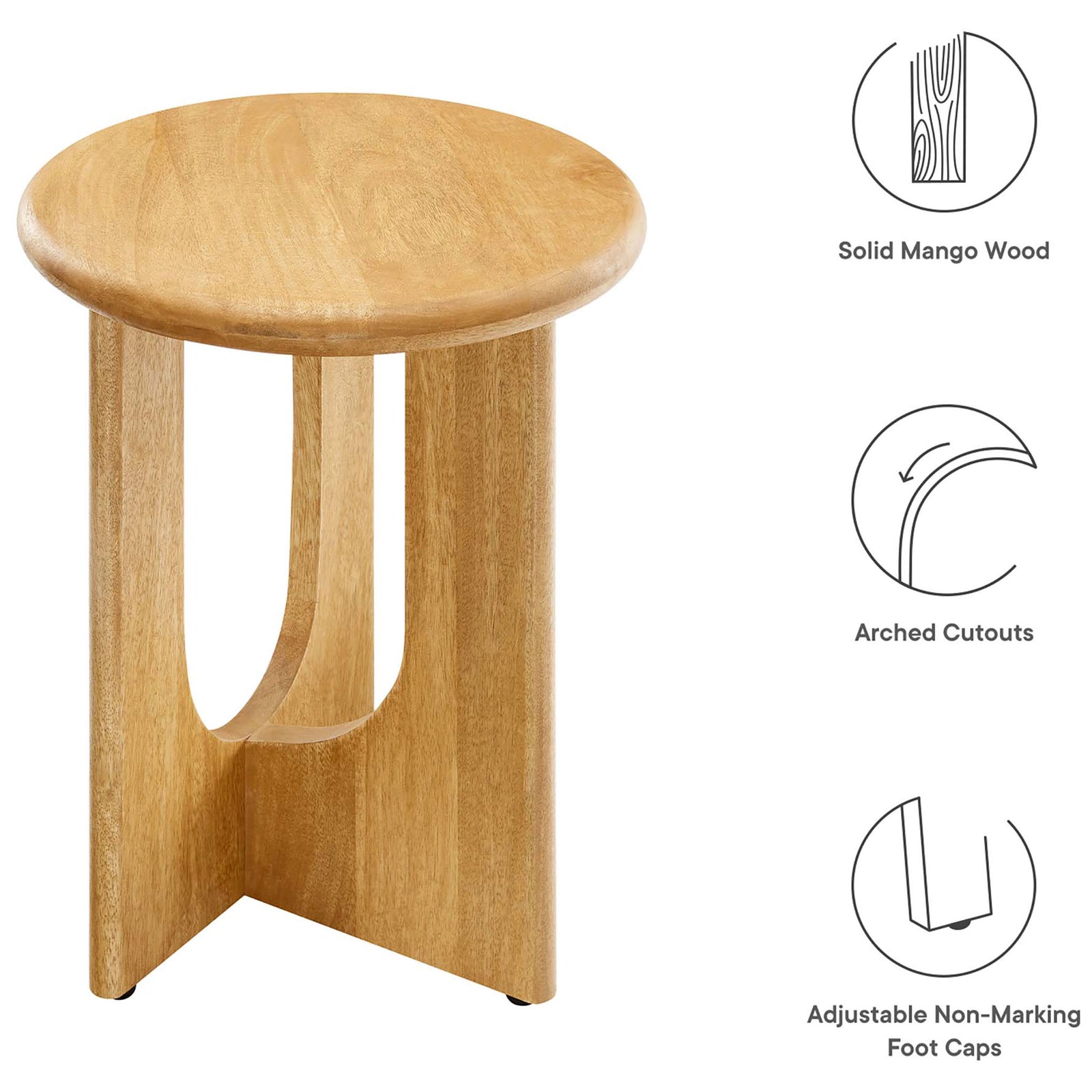 Oak round side table with icons highlighting solid mango wood, arched cutouts, and adjustable foot caps. || EEI-6595-OAK || callout_studio