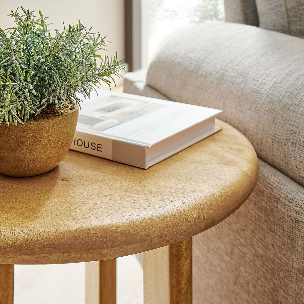 Round oak tabletop styled with a potted plant and book beside a contemporary sofa. || EEI-6595-OAK || detail_room