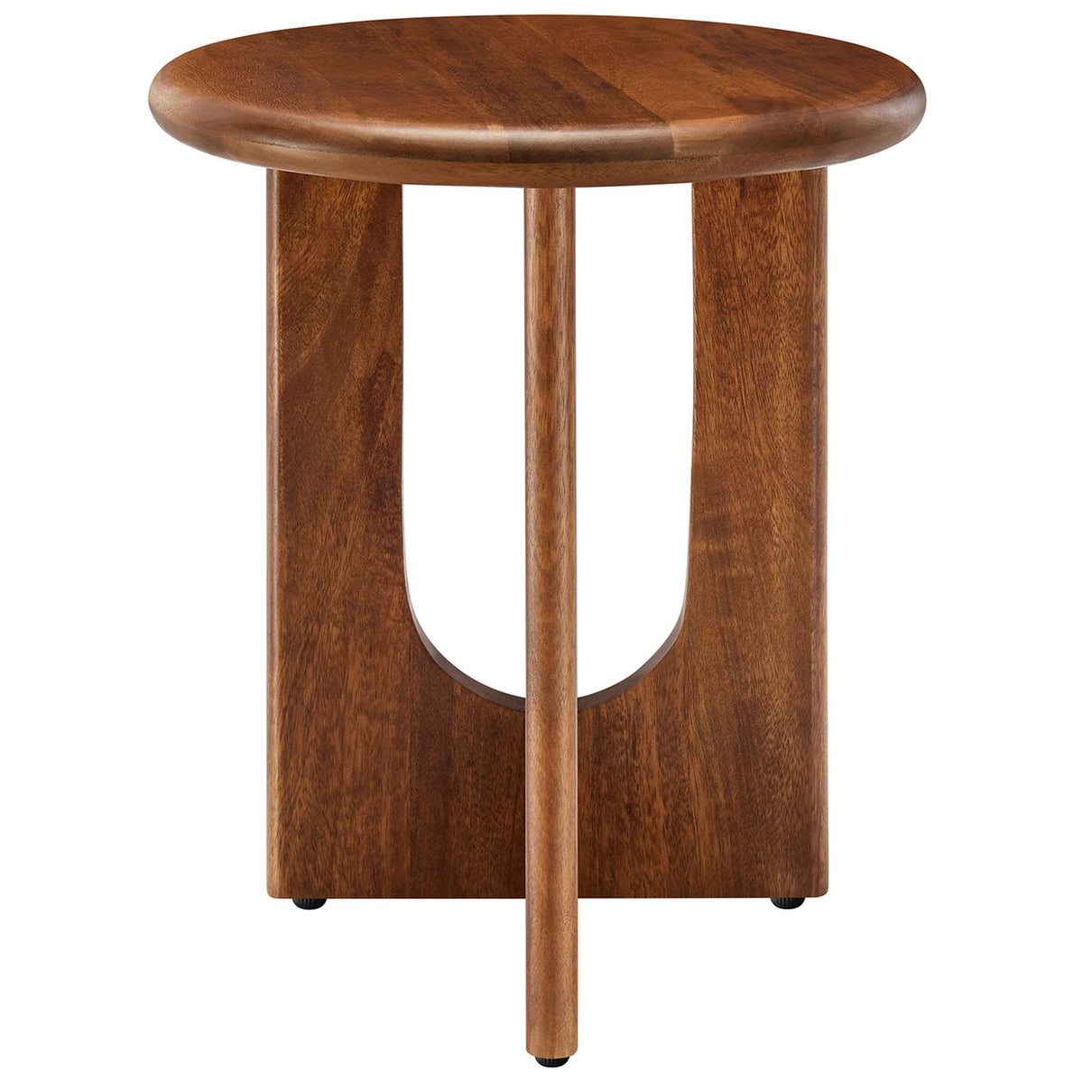Compact round walnut side table with smooth top and three-panel pedestal base for modern living rooms || EEI-6595-WAL || front_studio