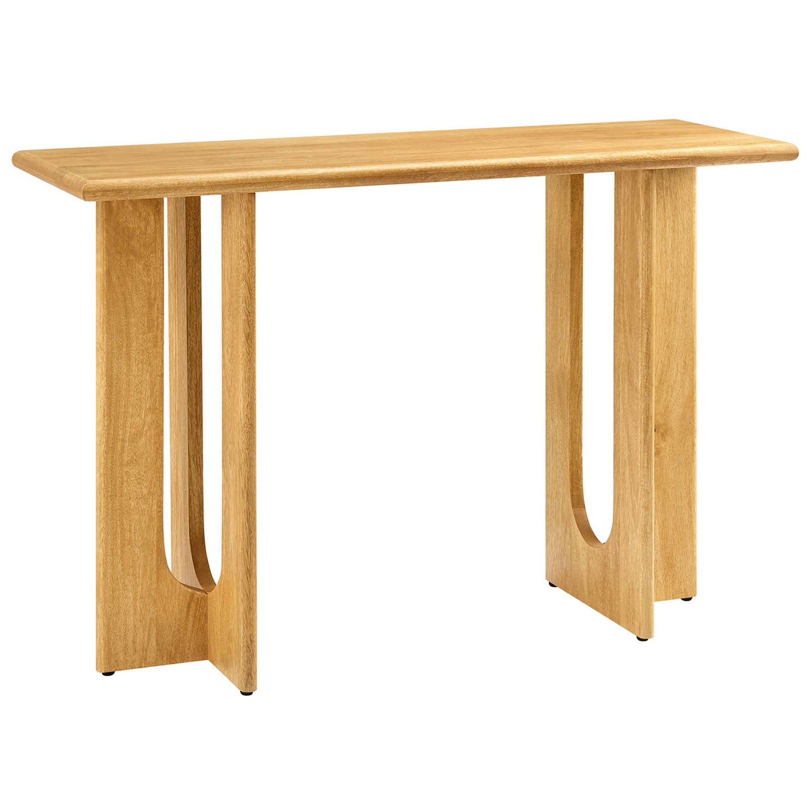 Sculptural console with arched pedestal legs and warm oak mango wood finish || EEI-6596-OAK || front_angle_studio