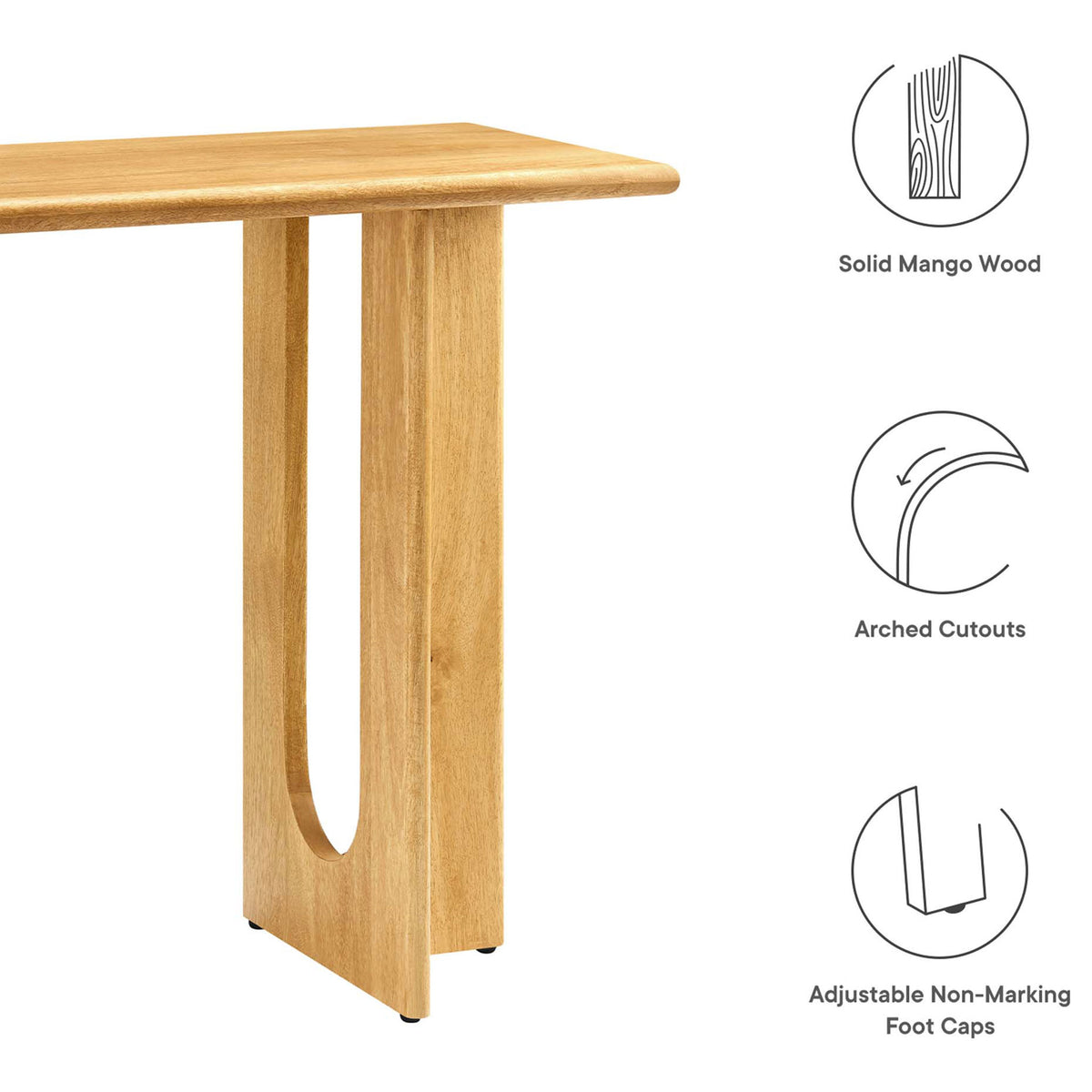 Solid mango wood design with arched cutouts and adjustable non-marking foot caps || EEI-6596-OAK || callout_studio