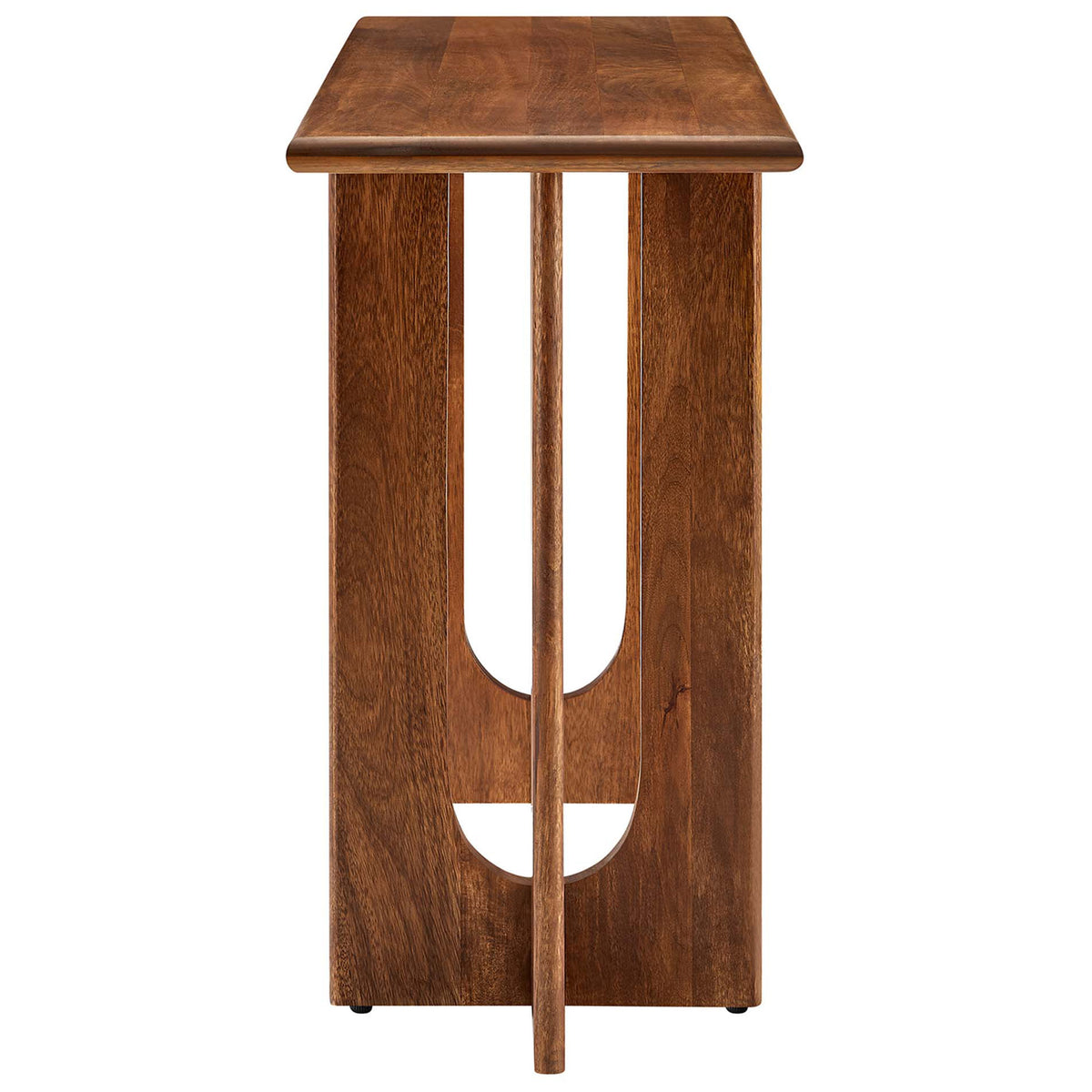 Slim profile showcases the intersecting pedestal legs and smooth tabletop in a rich walnut finish || EEI-6596-WAL || side_studio