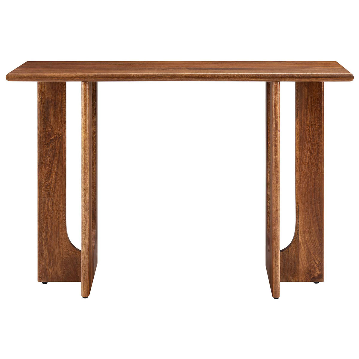 Sculptural walnut console table with double pedestal base and arched cutouts in solid mango wood || EEI-6596-WAL || front_studio