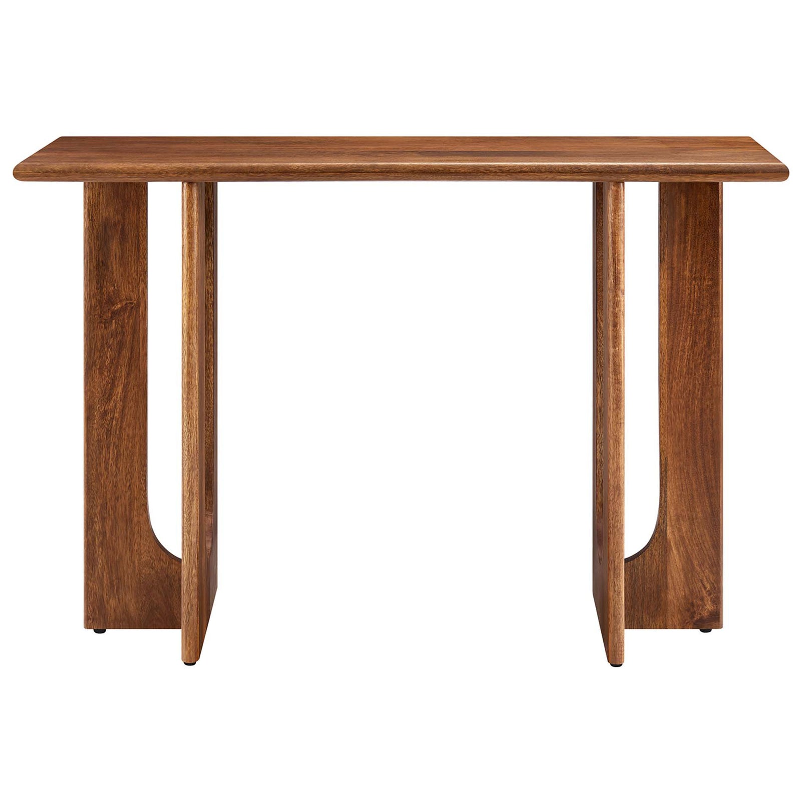 Sculptural walnut console table with double pedestal base and arched cutouts in solid mango wood || EEI-6596-WAL || front_studio