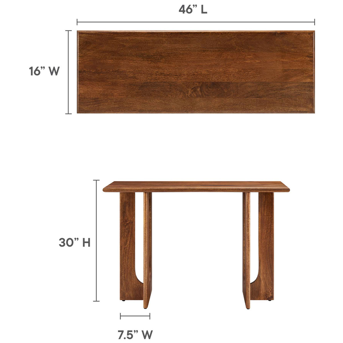 Sized for versatility at 46 in L x 16 in W x 30 in H to fit entryways, behind sofas, or halls || EEI-6596-WAL || dimension_studio