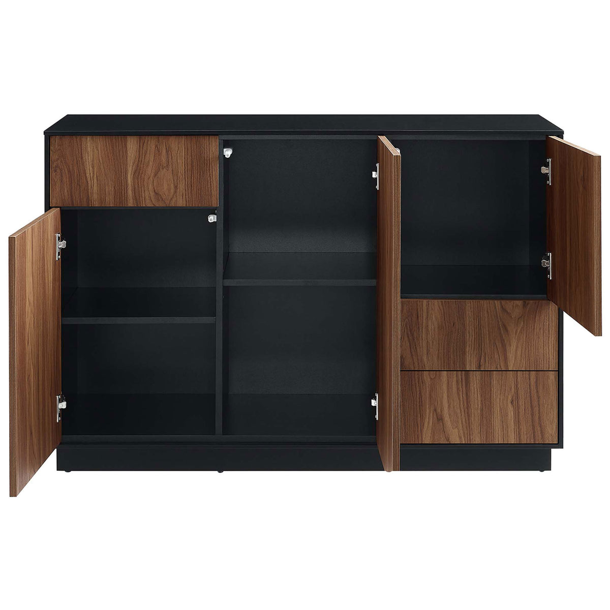 Black walnut sideboard with all cabinet doors open, revealing generous shelving and sleek black interior || EEI-6597-BLK-WAL || front_open_studio