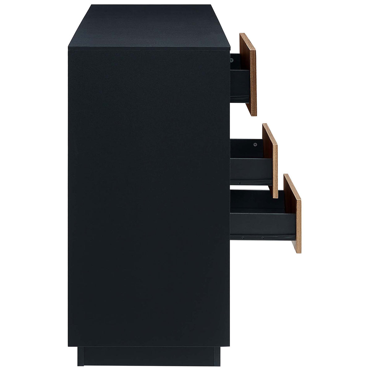 Side view of Holden sideboard with three full extension drawers open for easy access to stored items || EEI-6597-BLK-WAL || side_open_studio