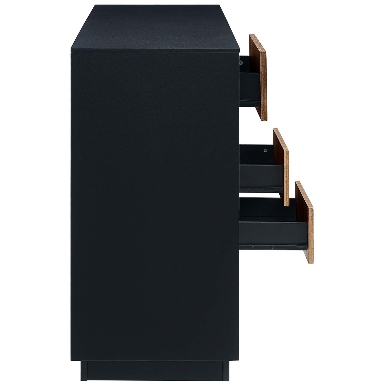 Side view of Holden sideboard with three full extension drawers open for easy access to stored items || EEI-6597-BLK-WAL || side_open_studio
