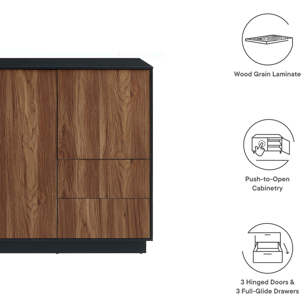 Feature graphic for Holden sideboard showing wood grain laminate, push to open cabinetry, and drawer icons || EEI-6597-BLK-WAL || callout_studio