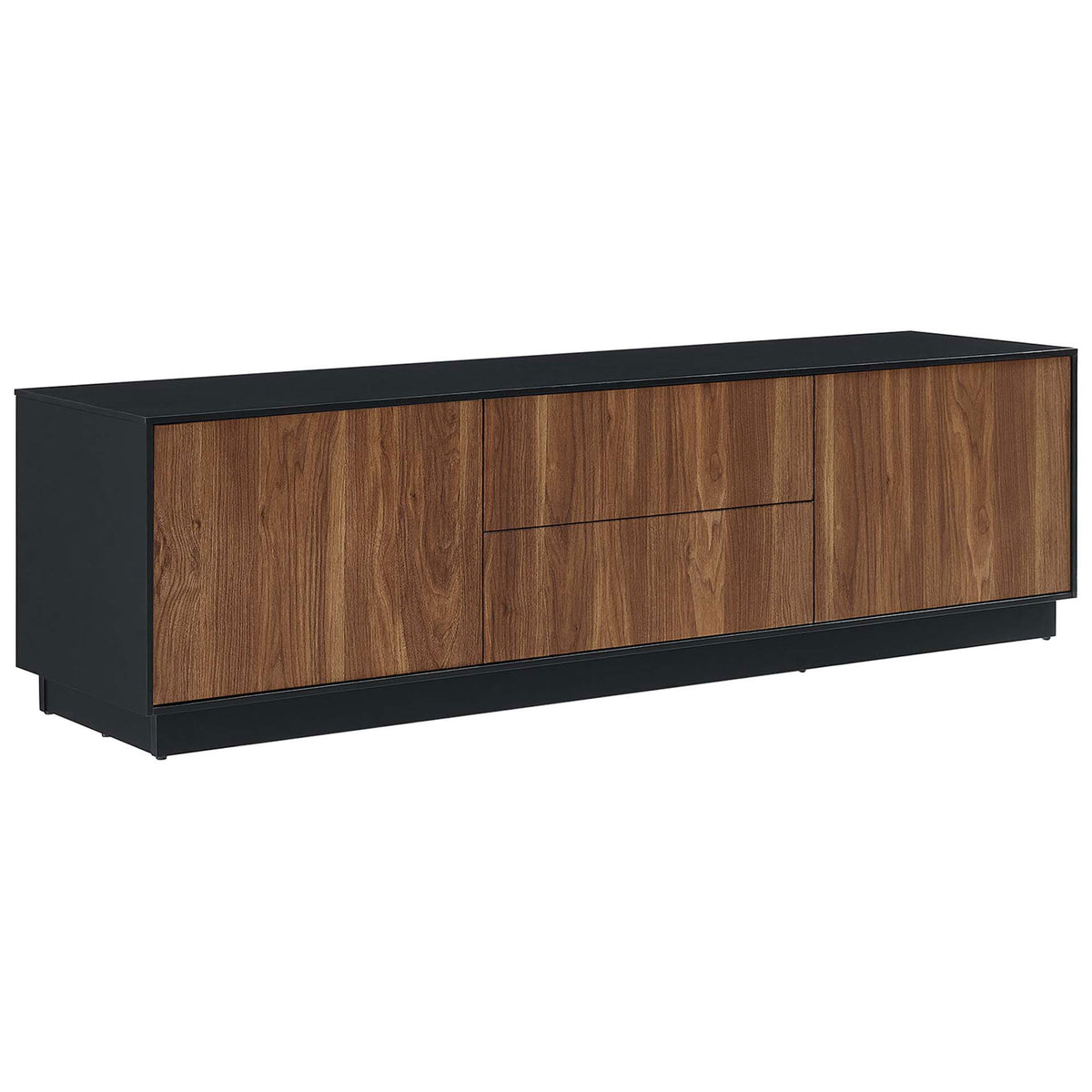 Spacious black walnut TV stand with clean lines and concealed storage for media || EEI-6598-BLK-WAL || front_angle_studio