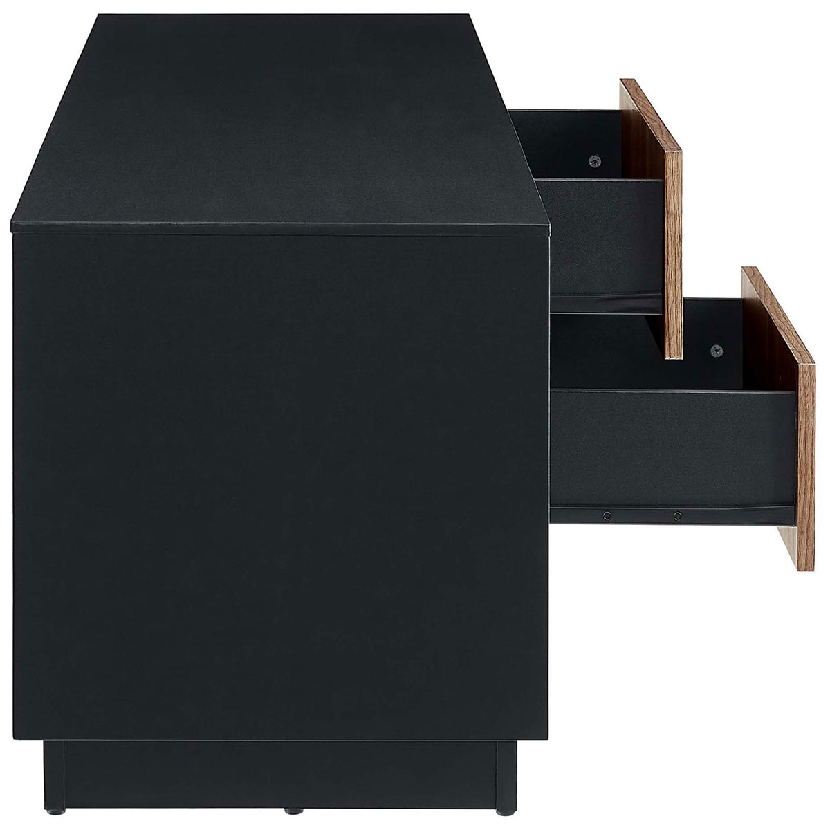 Side view showing two full-glide drawers open for easy access to media and accessories || EEI-6598-BLK-WAL || storage_open_studio