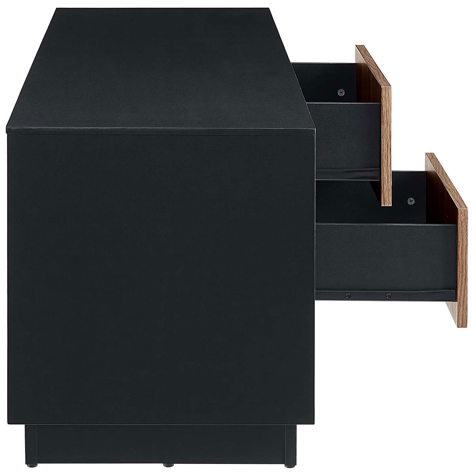 Side view showing two full-glide drawers open for easy access to media and accessories || EEI-6598-BLK-WAL || storage_open_studio