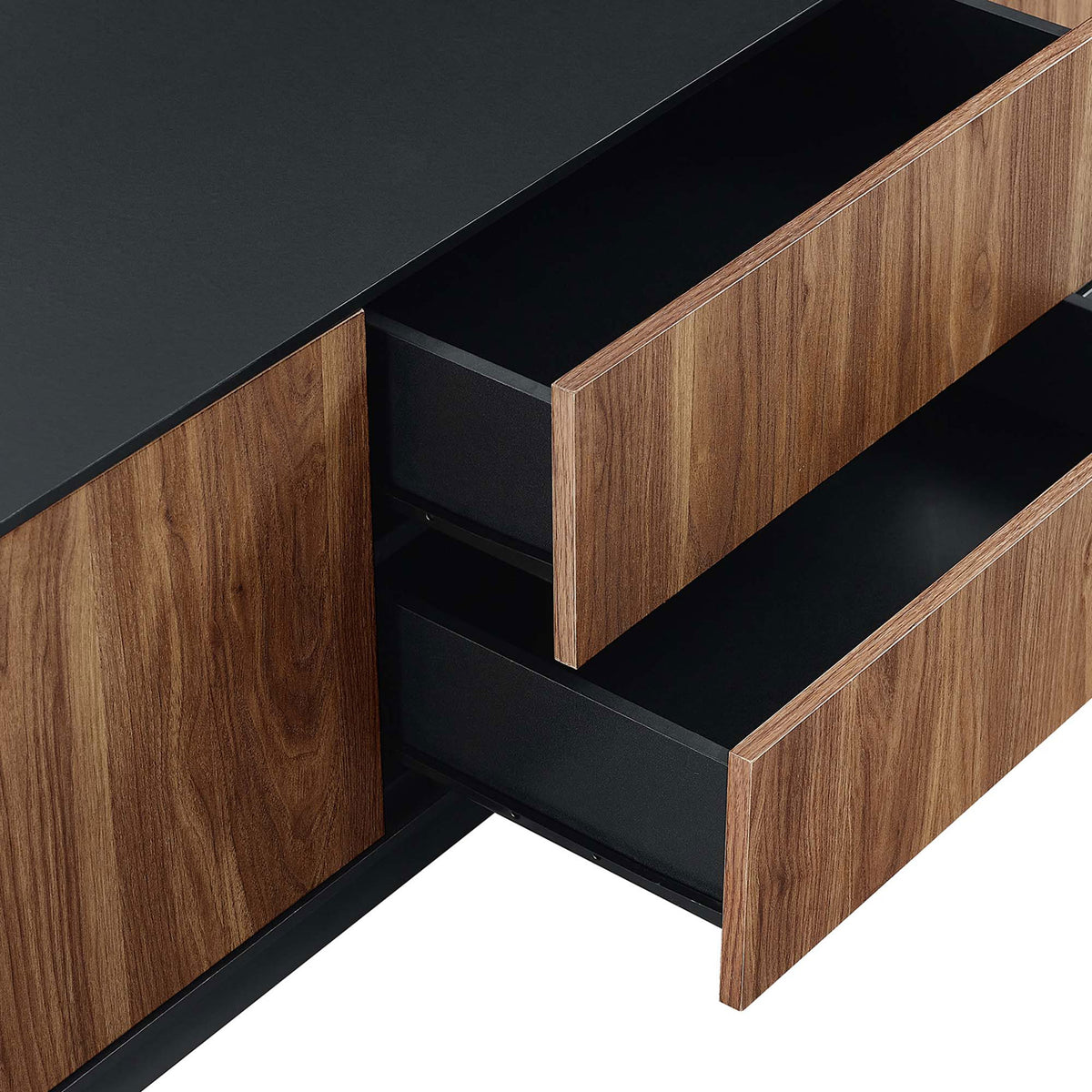 Close-up of warm wood grain drawer fronts and smooth black interior storage space || EEI-6598-BLK-WAL || storage_open_studio