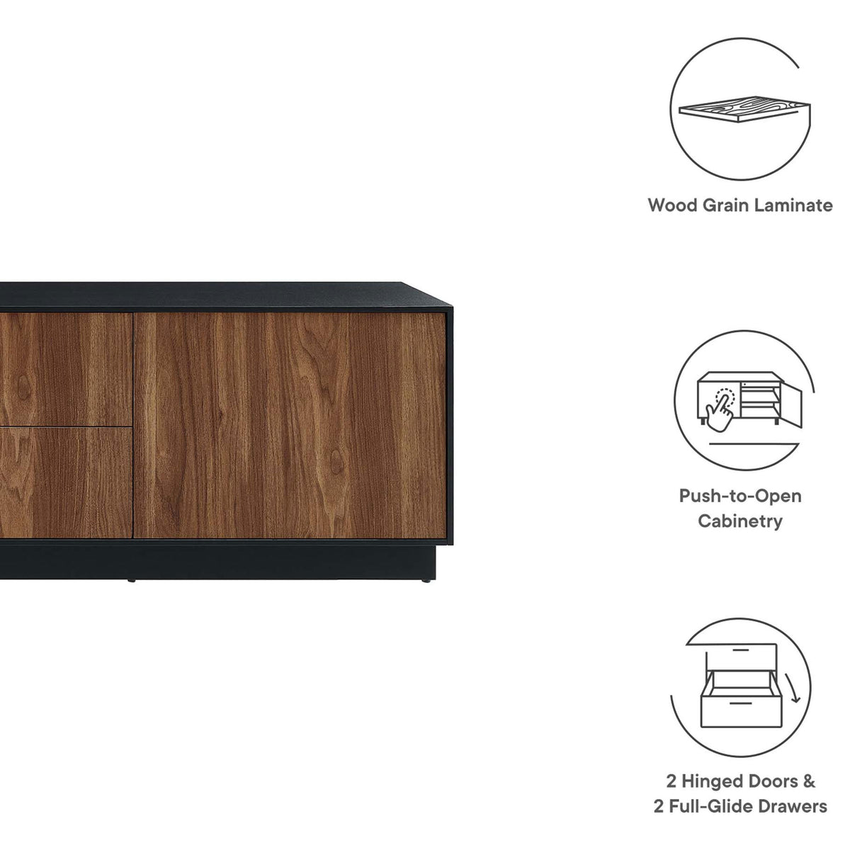 Feature graphic highlighting wood grain laminate, push-to-open doors, and drawers || EEI-6598-BLK-WAL || callout_studio