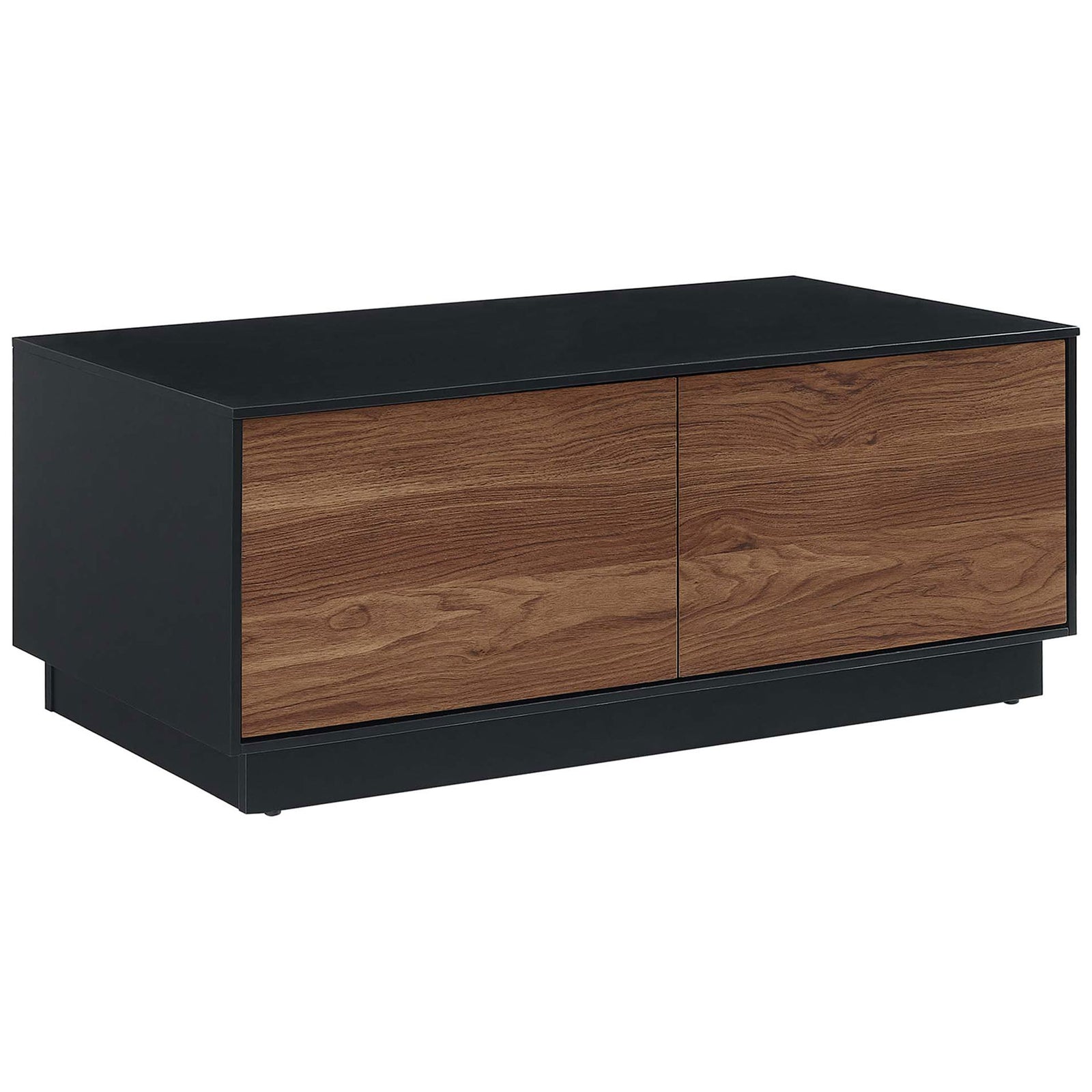 Streamlined coffee table with black finish and warm walnut drawer fronts on a sleek plinth base || EEI-6599-BLK-WAL || front_angle_studio
