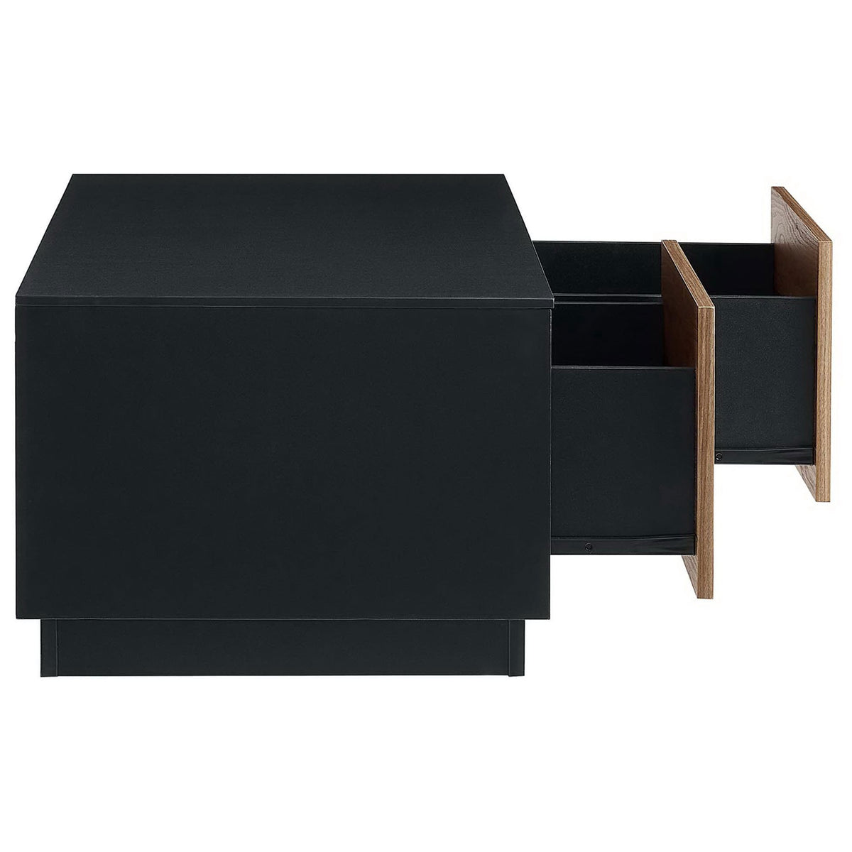 Two full-glide drawers slide out to reveal generous storage capacity || EEI-6599-BLK-WAL || side_open_studio