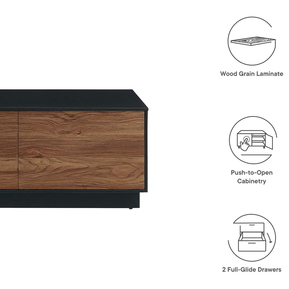 Key features include wood grain laminate, push-to-open cabinetry, and full-glide drawers || EEI-6599-BLK-WAL || callout_studio