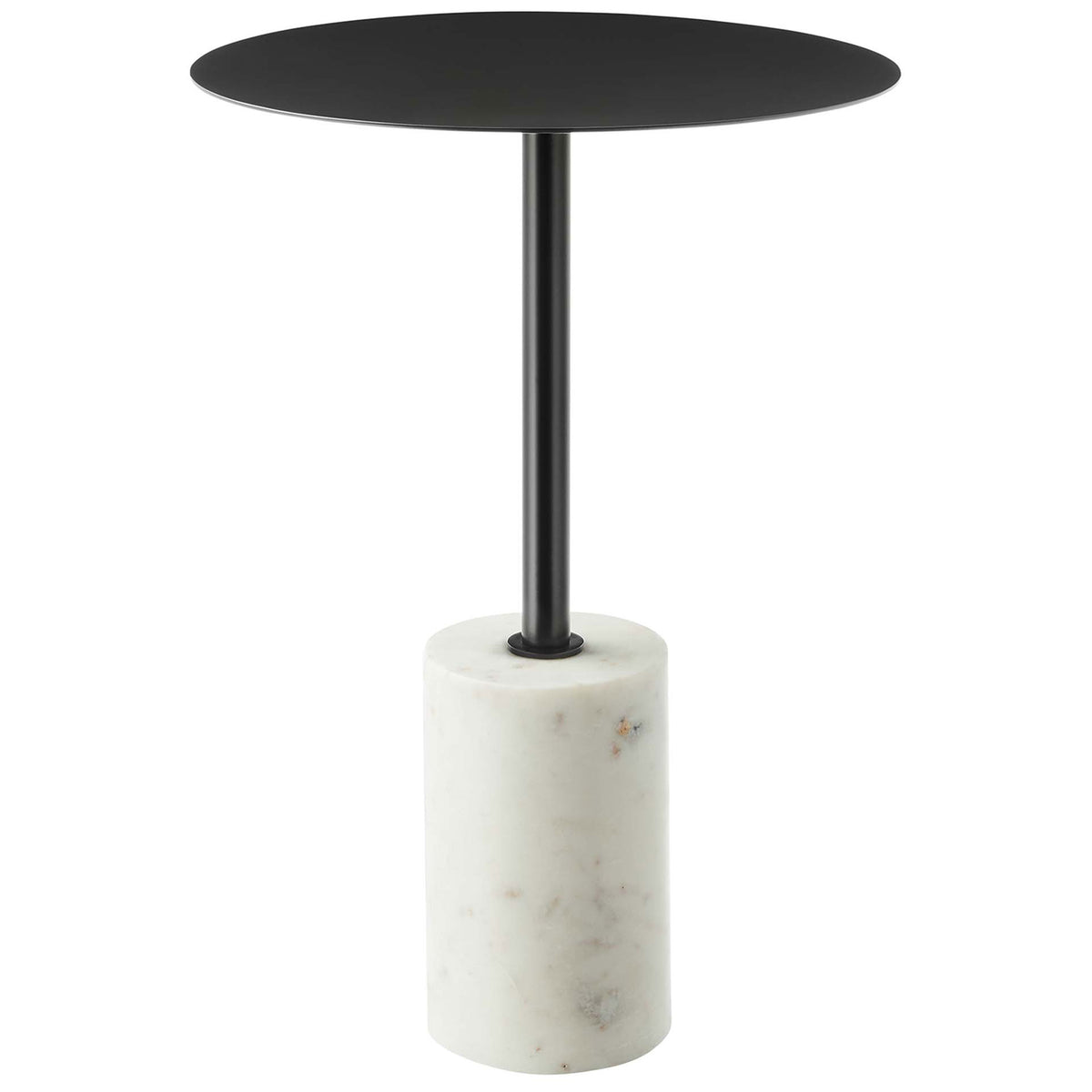 Modern black iron pedestal side table with slim rod and white marble cylinder base || EEI-6605-WHI-BLK || front_angle_studio
