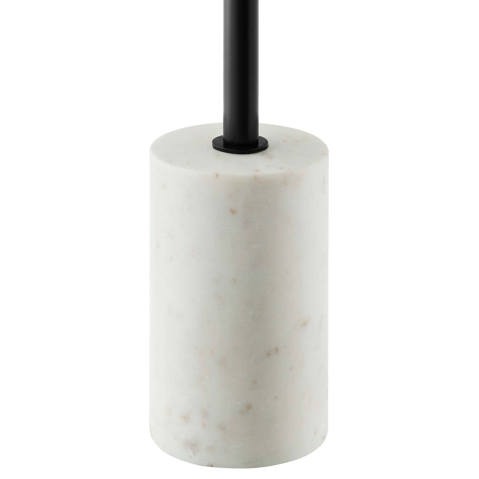 White marble cylindrical base with subtle natural veining grounding the sleek metal pedestal || EEI-6605-WHI-BLK || leg_studio