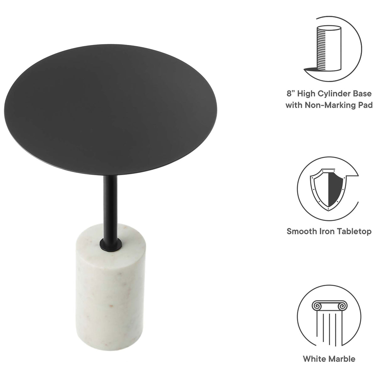 Feature graphic highlighting smooth iron tabletop, white marble cylinder base, and non-marking pad || EEI-6605-WHI-BLK || callout_studio