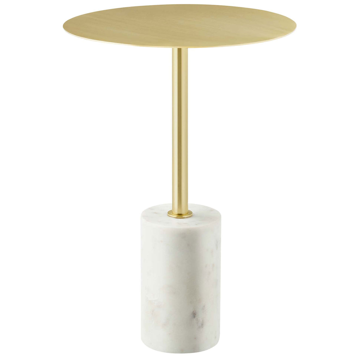 Polished brass round side table with slim stem and solid white marble cylinder base || EEI-6605-WHI-BRA || front_angle_studio