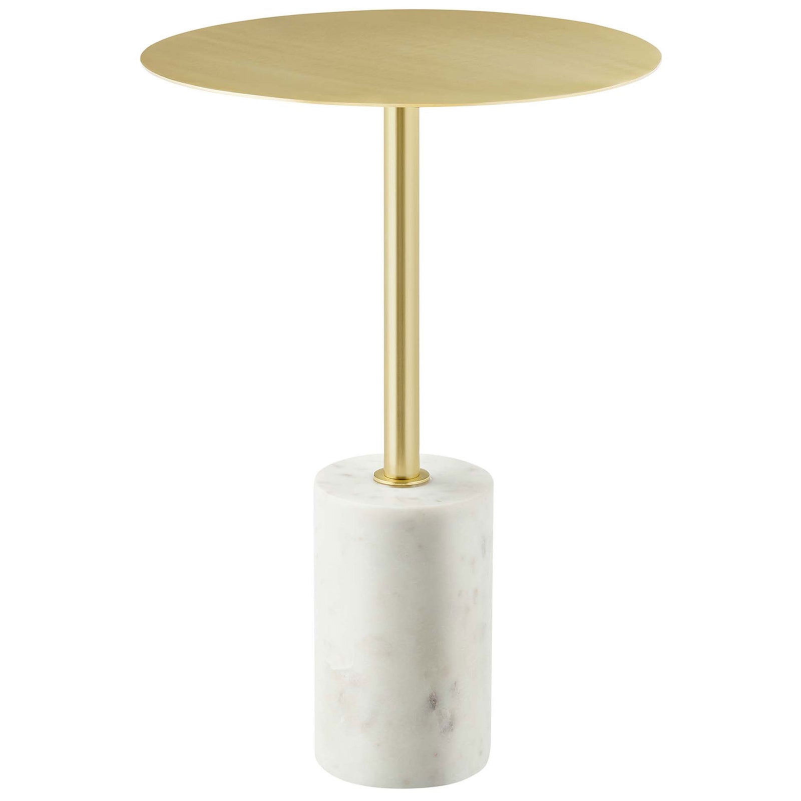 Polished brass round side table with slim stem and solid white marble cylinder base || EEI-6605-WHI-BRA || front_angle_studio
