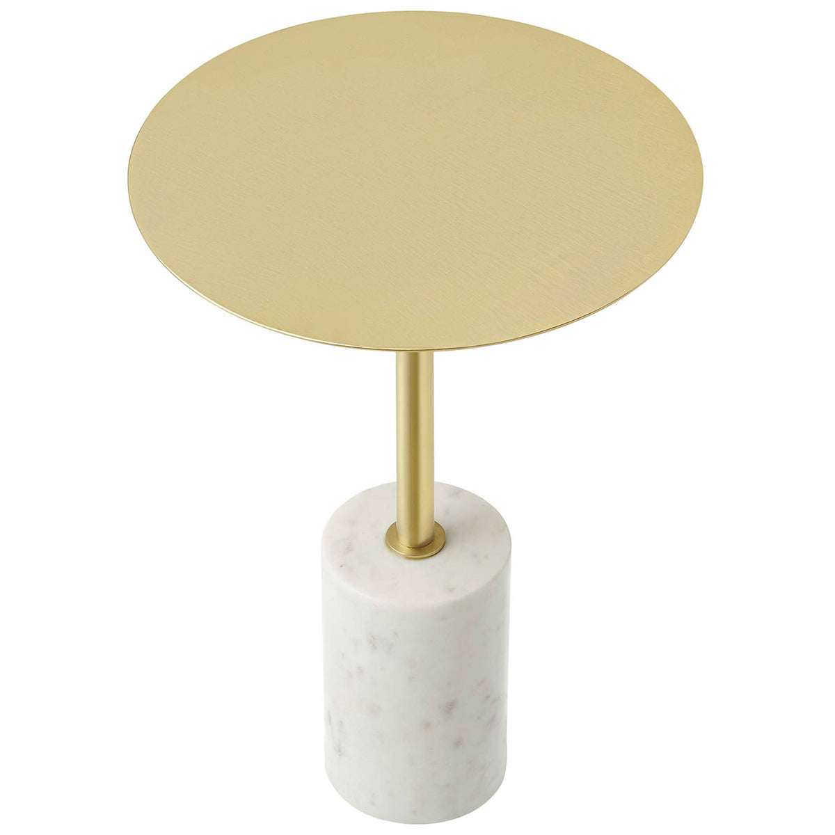 Round brushed brass tabletop offers a smooth, spacious surface for drinks and decor || EEI-6605-WHI-BRA || top_studio
