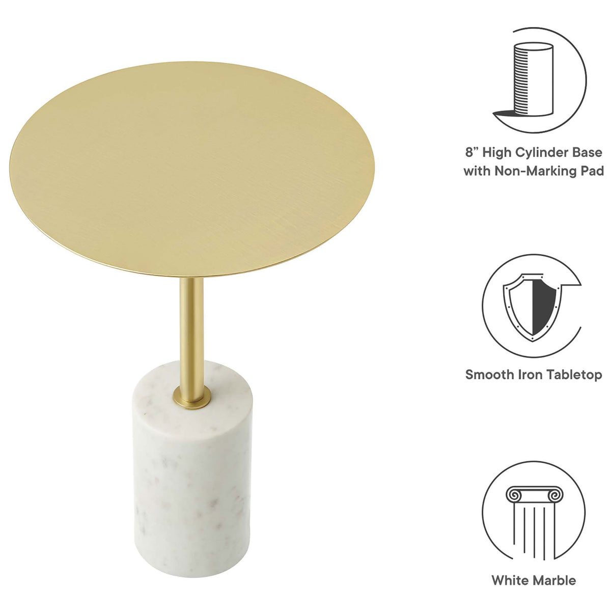 Design details emphasize the smooth iron tabletop, 8 inch marble cylinder base, and protective non marking pad || EEI-6605-WHI-BRA || callout_studio