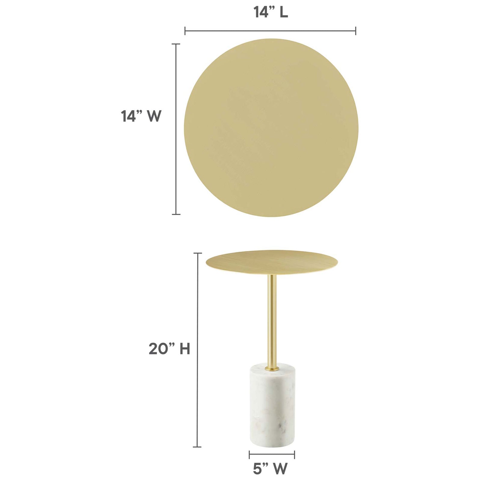 Dimension diagram shows the round 14 inch tabletop, 20 inch height, and compact 5 inch marble base || EEI-6605-WHI-BRA || dimension_studio