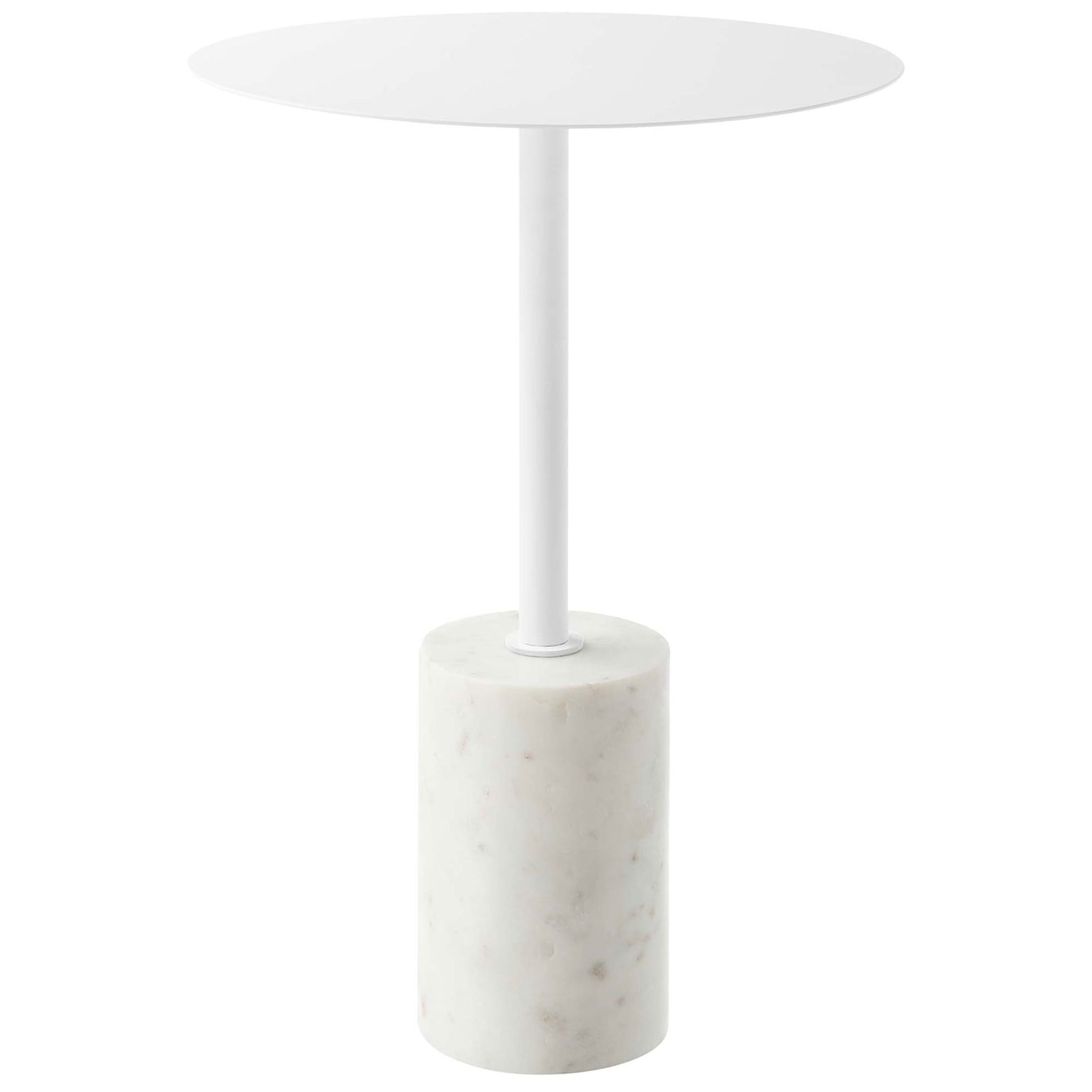 Minimalist round side table with a slim white pedestal and solid white marble cylinder base. || EEI-6605-WHI-WHI || front_angle_studio