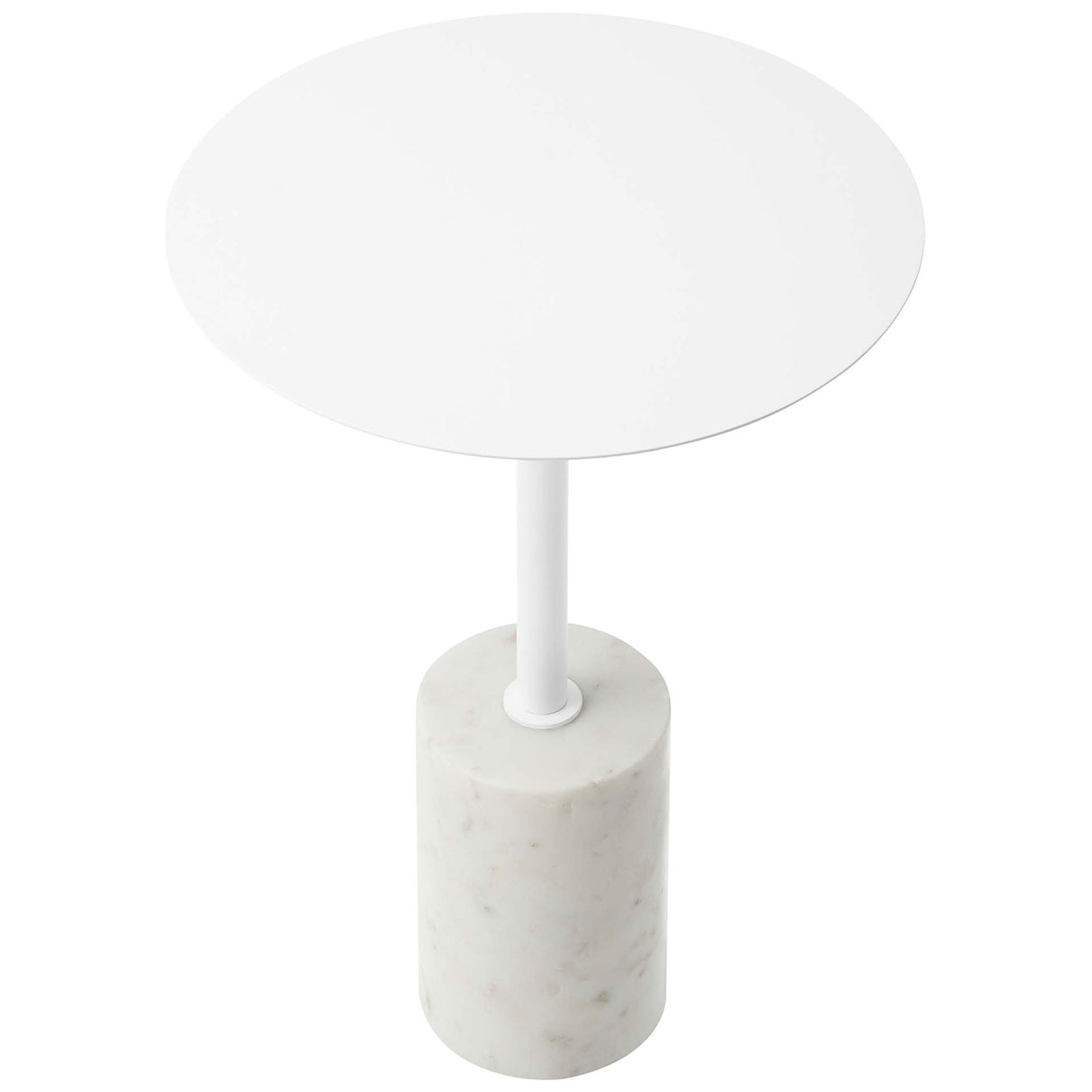 Round white iron tabletop supported by a slender rod and weighted marble base for modern balance. || EEI-6605-WHI-WHI || top_angle_studio