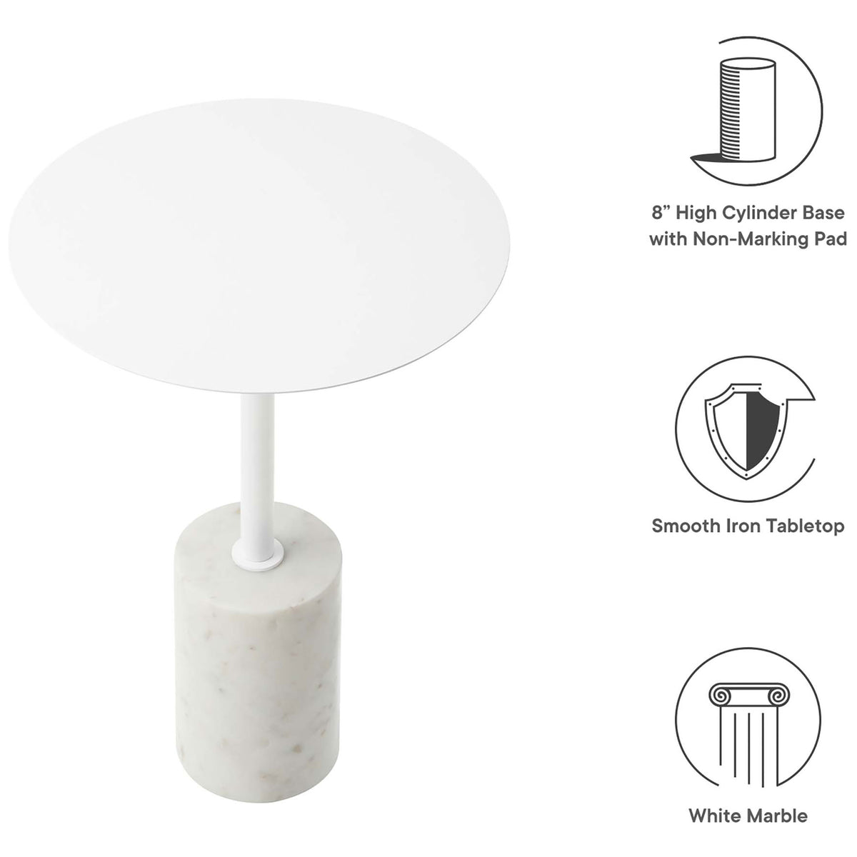 Lyric side table highlights an iron top, marble cylinder base, and protective non-marking pad for floors. || EEI-6605-WHI-WHI || callout_studio